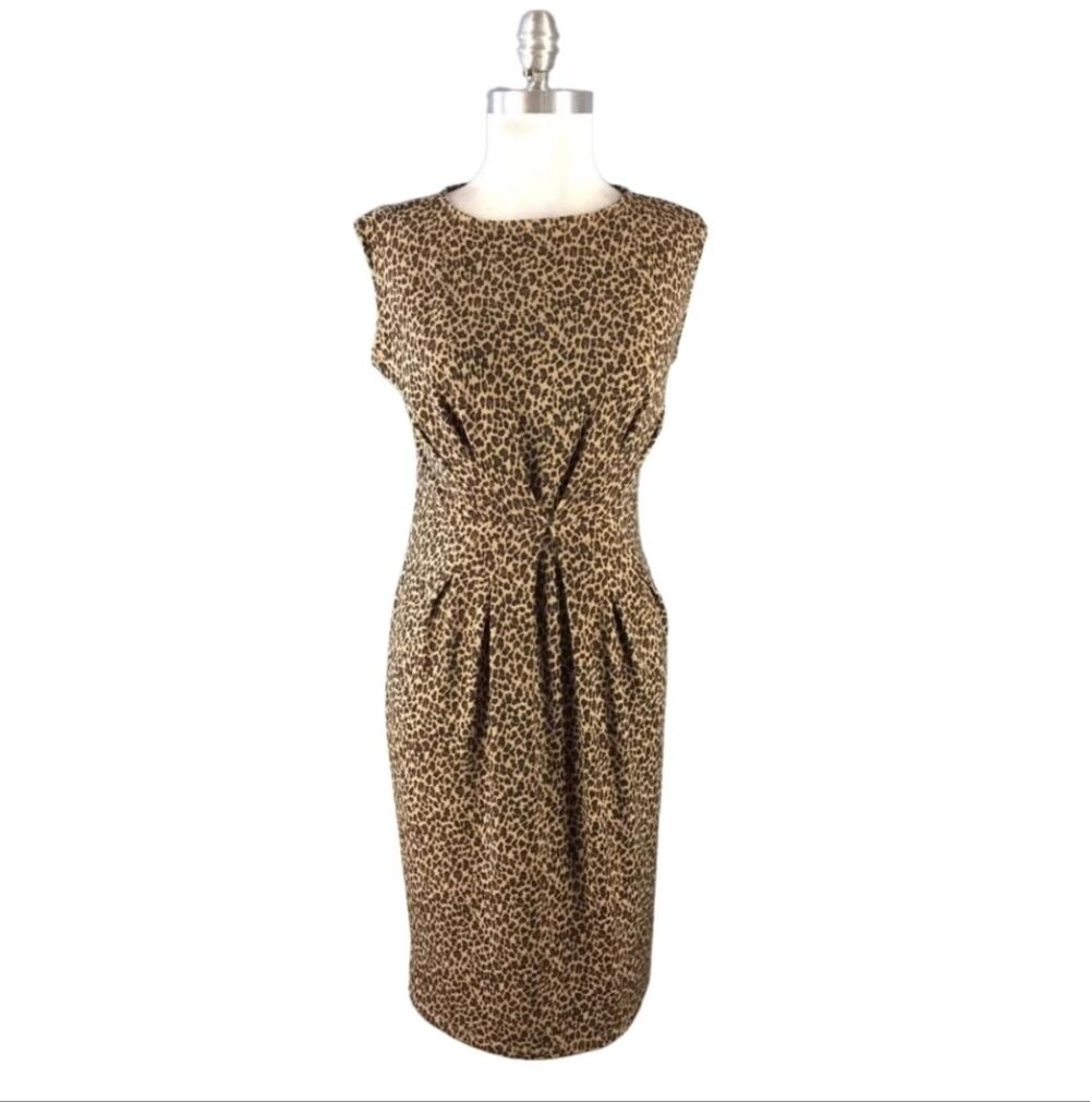TALBOTS Leopard Print Stretchy Knee Length Pull Over Stretch Career Dress SZ SP